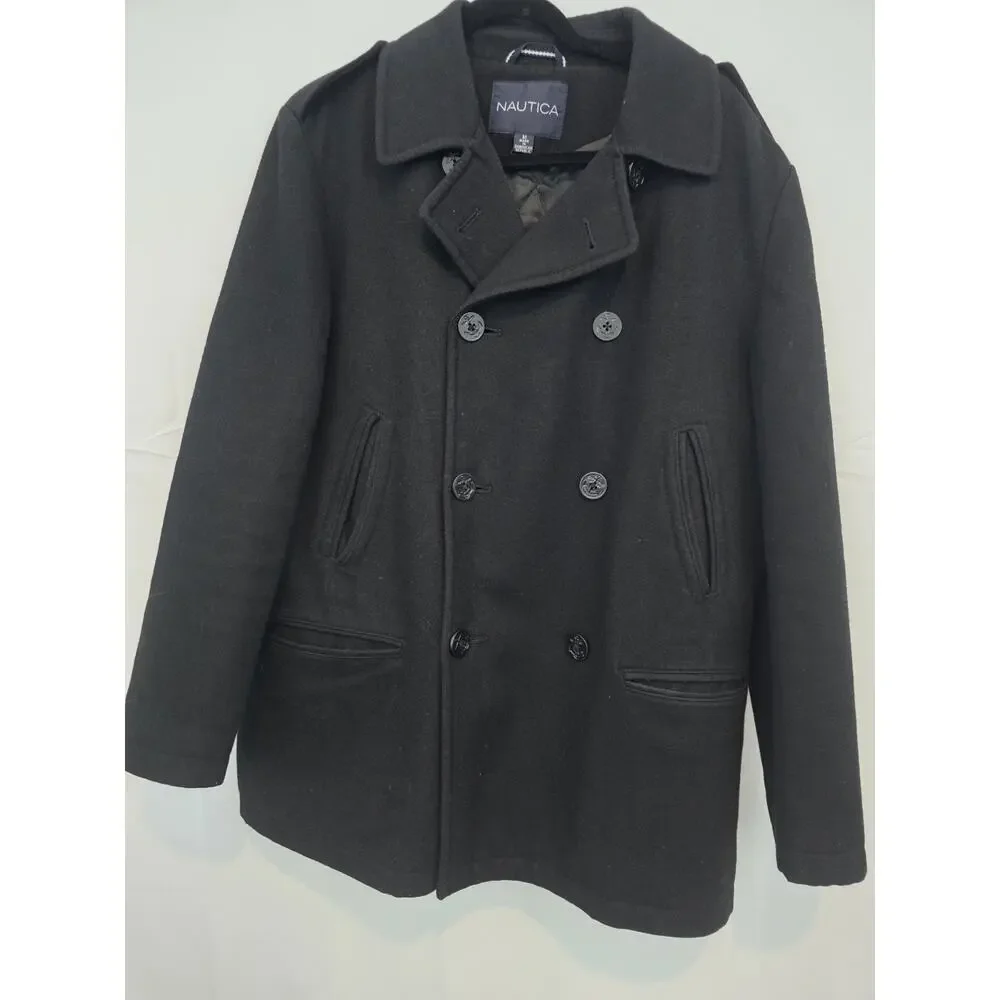 NAUTICA Men's Classic Double-Breasted Peacoat Coat Quilted Lining Black Sz M